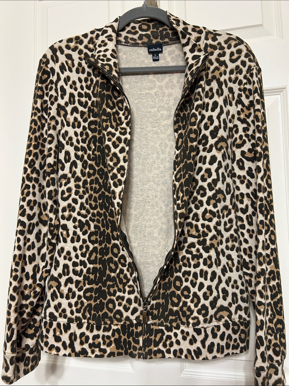 Rafaella Leopard Zip-Front Cotton Jacket Black Tan Lightweight Cozy Soft L